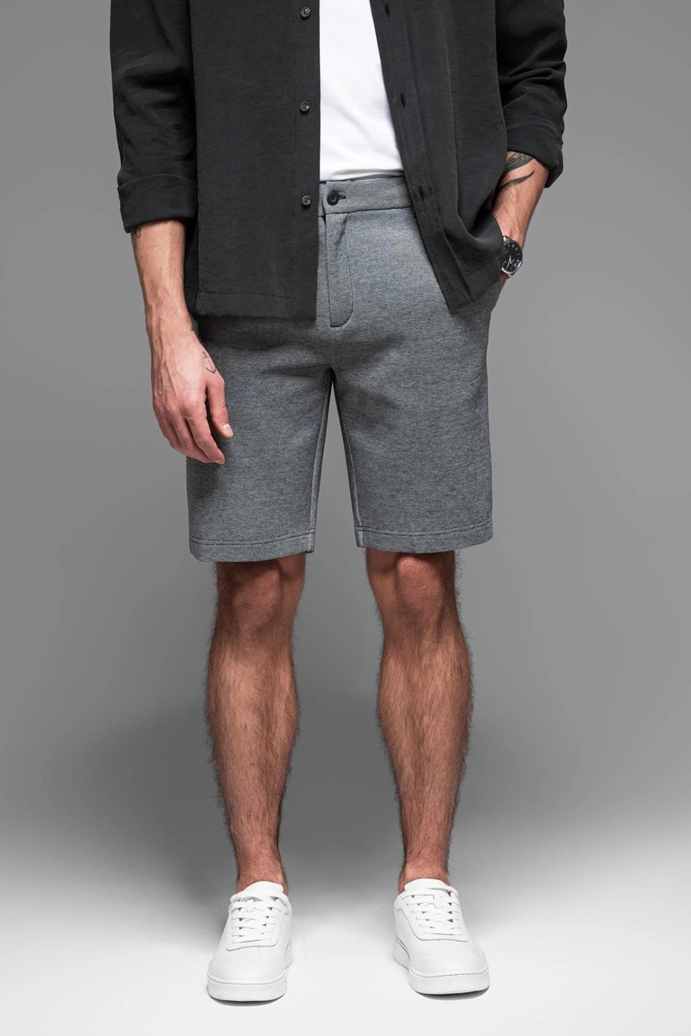 OMBRE, Pantaloni scurti cu talie medie, Gri inchis, XL