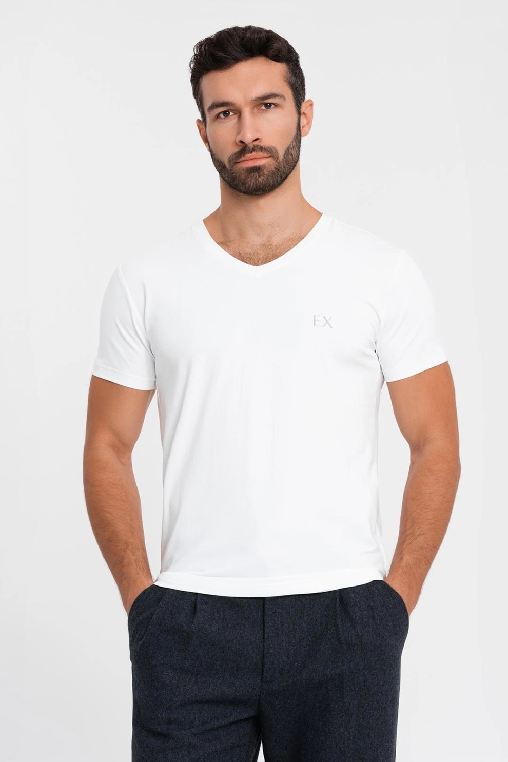 OMBRE, Tricou uni cu decolteu in V, Alb, M