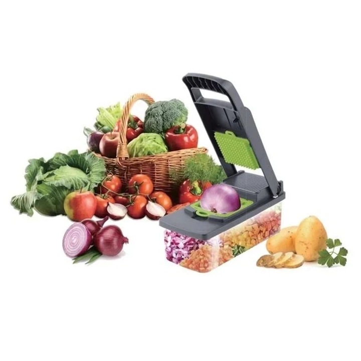 Set tocator legume si fructe, Welora, cu recipient si 12 accesorii, dimensiuni 33x12x12cm, verde-gri