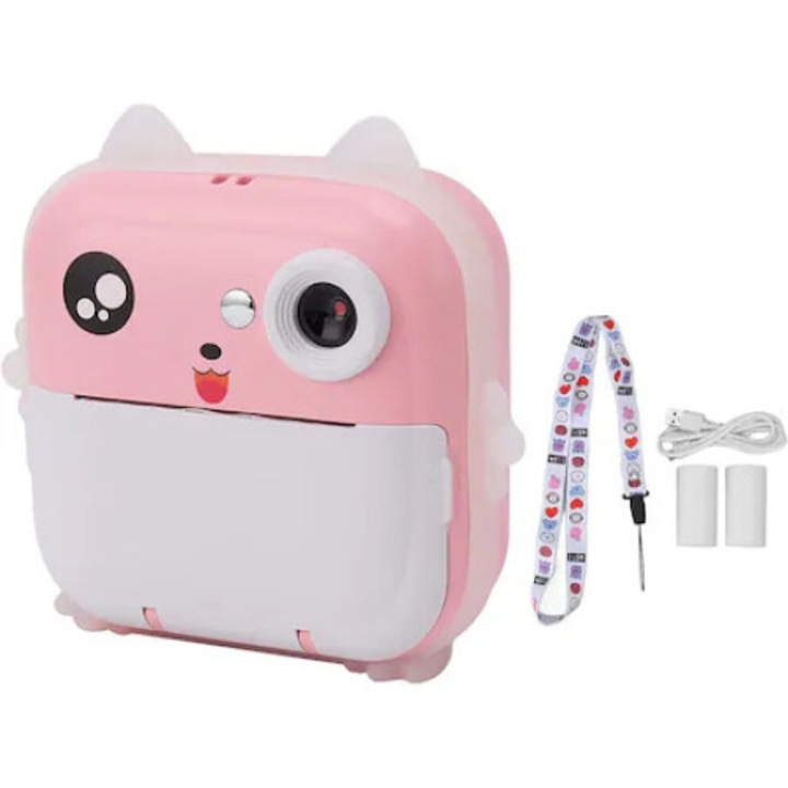 Детска камера, функция за незабавен печат и видеозапис (1080 HD), резолюция 24mp, включени 3 хартиени ролки, съвместим с Android/IOS, USB зареждане цвят: розов, мин. 3+ години