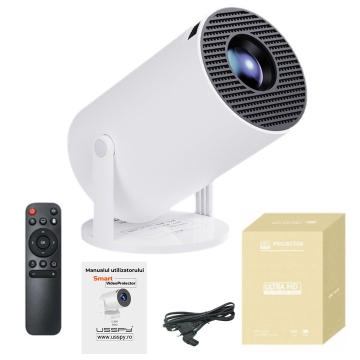 Videoproiector portabil, USSPY® G300 PRO, 280ANSI, 8000 lumeni, Android 11, Wi-Fi6, BT 5.0, 1280×720P HD, Oglindeste ecran Android/IOS, alb