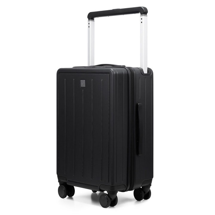 Valiza de cabina, James Hawk, Negru, Policarbonat, 55 cm x 35 cm x 23 cm, Capacitate 45 litri, Compartiment frontal pentru laptop 15.6″, Patru roti pivotante 360°, Sistem tsa, Inchidere cu cod, Benzi elastice in compartimentul principal
