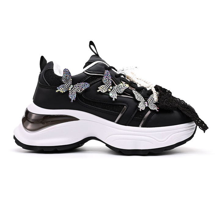 Pantofi sport De dama, cu inseretii din plasa, cu Funda din perle, D1400, Negru