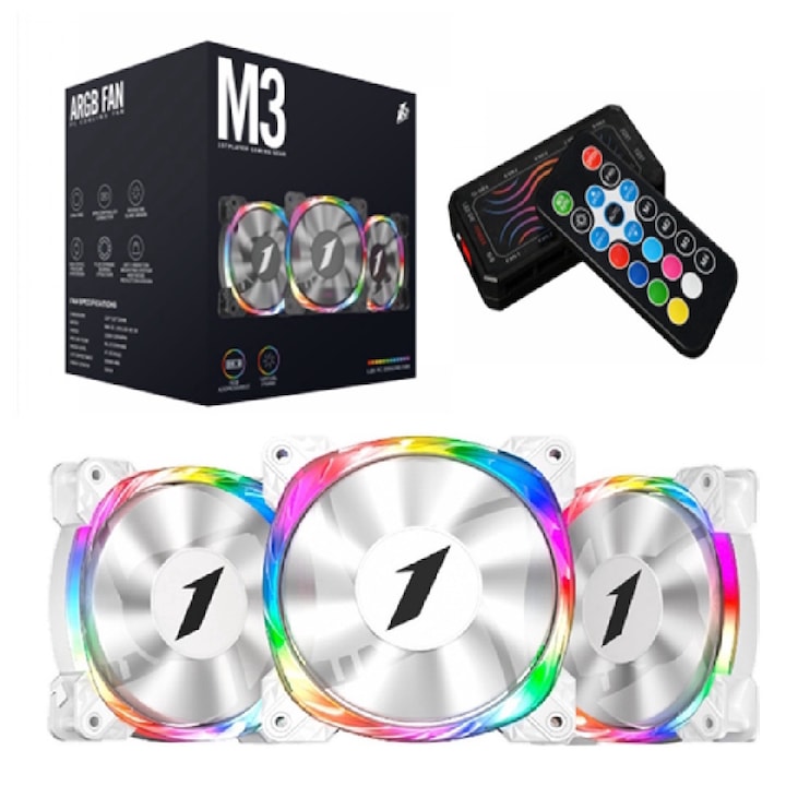 Комплект от 3 вентилатора 1stPlayer® COMBO M3-wh Firemoon, aRGB, контролер и дистанционно управление, бял
