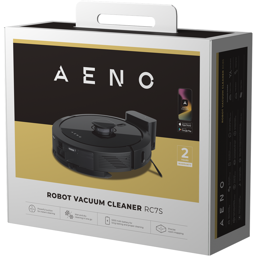 Aspirator robot AENO RC7S, Rezervor apa 0.3 l, Recipient praf 0.3 l, 4000 Pa, Navigare cu LiDAR, 300 mp, 20 senzori, Mapare, Autonomie 250 minute Negru