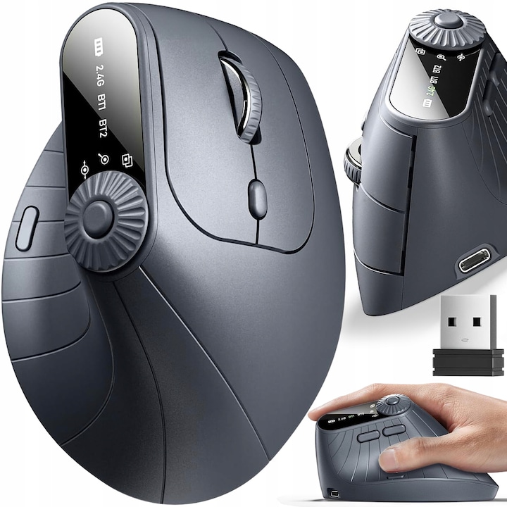 Mouse vertical wireless, Zola, conexiune Bluetooth si USB 2.4GHz, sensibilitate ajustabila 1000/1600/2400 DPI, 8 butoane, design ergonomic pentru dreptaci, senzor laser, port USB-C, dimensiuni 115 x 80 x 65 mm, negru