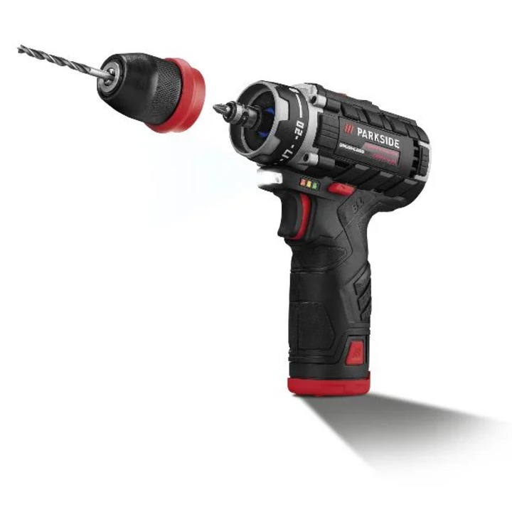 Акумулаторна бормашина PARKSIDE PERFORMANCE® PBSPA 12 E4 – 2 батерии, зарядно + комплект свредла и накрайници + куфар за транспорт