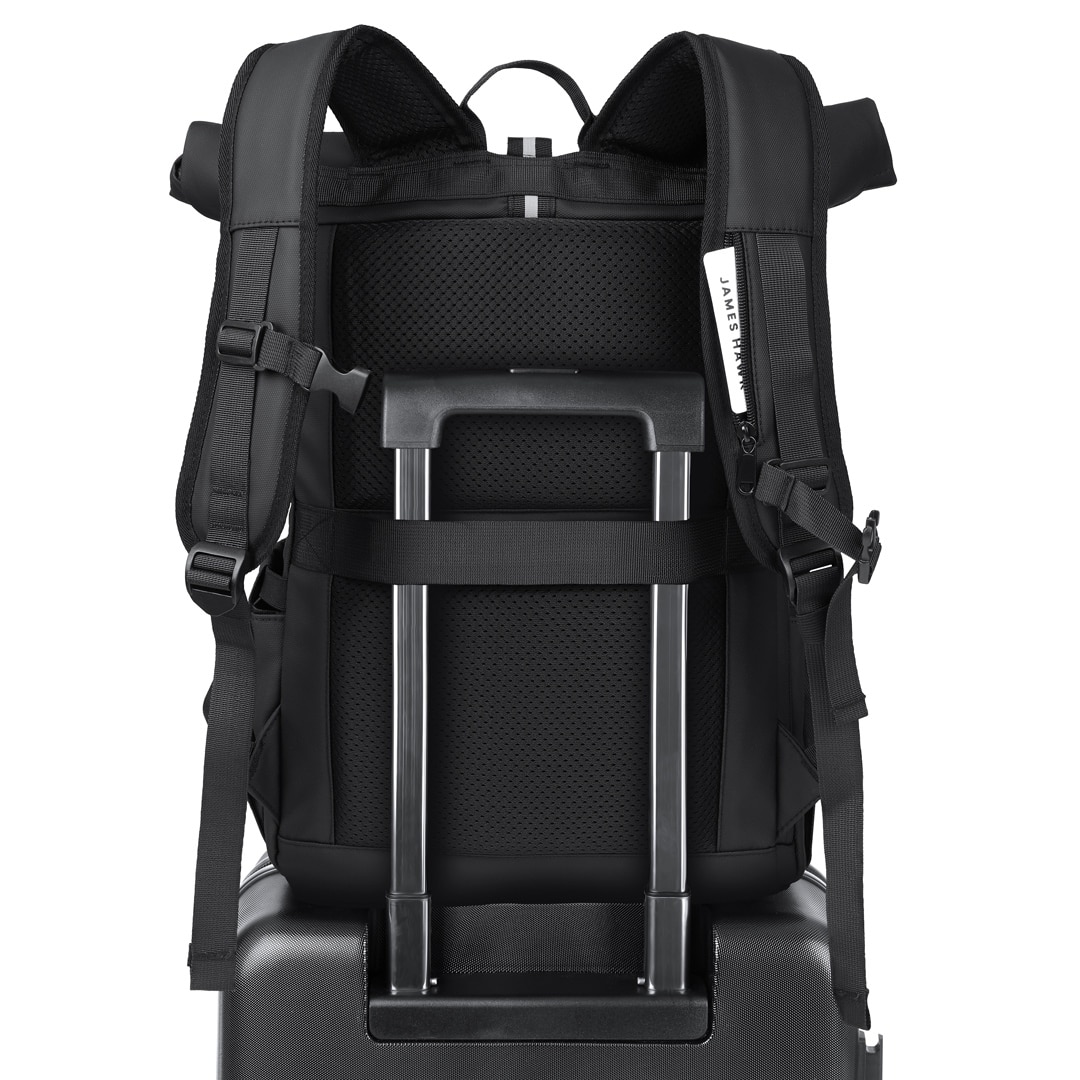 Rucsac tip rolltop, James Hawk, Business touring, Negru, 16 inci, Capacitate 20-28 litri, Waterproof, Set cu geanta pentru accesorii origins smart pack
