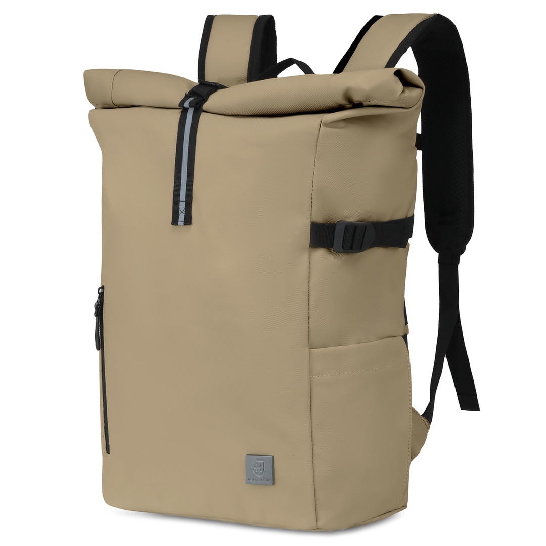 Rucsac rolltop pentru laptop de 16 inci, James Hawk, Bej, Nylon, Capacitate 20-28 litri, Fermori impermeabili, Buzunar antiefractie, Set cu geanta pentru accesorii origins smart pack