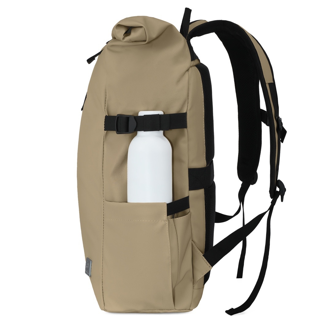 Rucsac rolltop pentru laptop de 16 inci, James Hawk, Bej, Nylon, Capacitate 20-28 litri, Fermori impermeabili, Buzunar antiefractie, Set cu geanta pentru accesorii origins smart pack