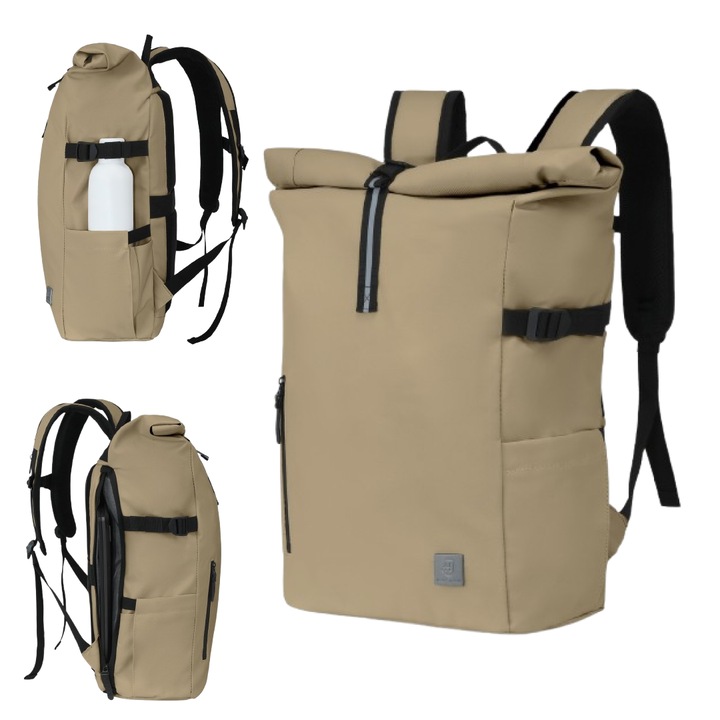 Rucsac rolltop pentru laptop de 16 inci, James Hawk, Bej, Nylon, Capacitate 20-28 litri, Fermori impermeabili, Buzunar antiefractie, Set cu geanta pentru accesorii origins smart pack