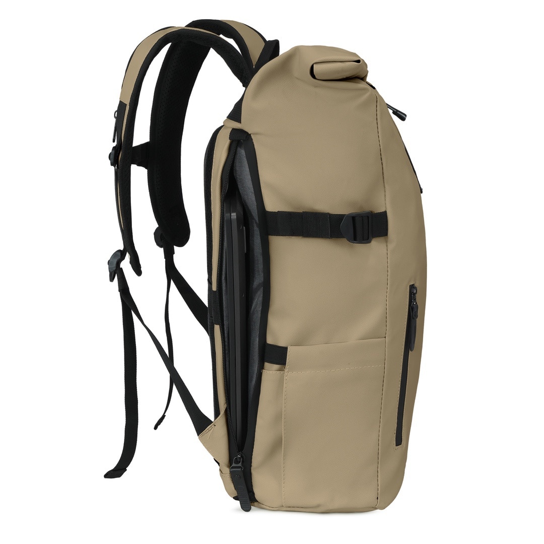 Rucsac rolltop pentru laptop de 16 inci, James Hawk, Bej, Nylon, Capacitate 20-28 litri, Fermori impermeabili, Buzunar antiefractie, Set cu geanta pentru accesorii origins smart pack