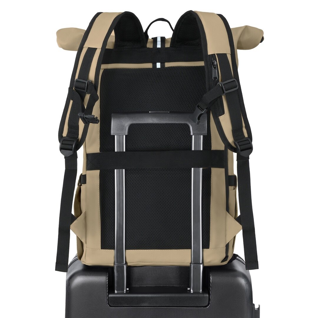 Rucsac rolltop pentru laptop de 16 inci, James Hawk, Bej, Nylon, Capacitate 20-28 litri, Fermori impermeabili, Buzunar antiefractie, Set cu geanta pentru accesorii origins smart pack