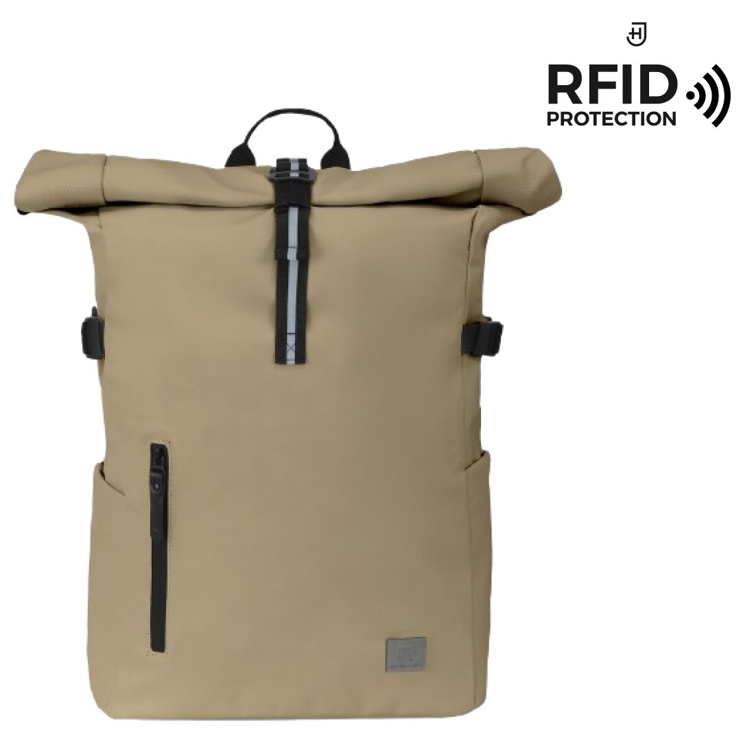 Rucsac rolltop pentru laptop de 16 inci, James Hawk, Bej, Nylon, Capacitate 20-28 litri, Fermori impermeabili, Buzunar antiefractie, Set cu geanta pentru accesorii origins smart pack