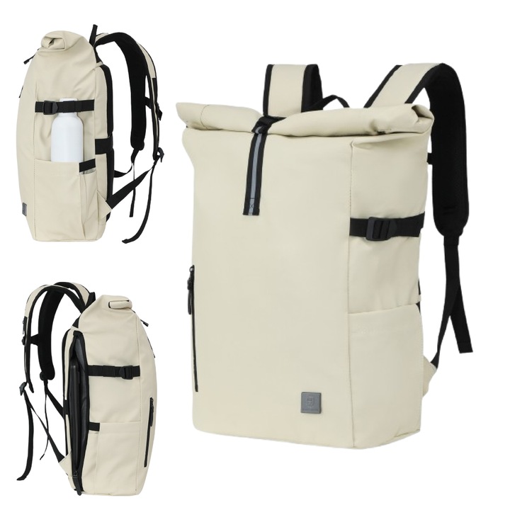 Rucsac rolltop pentru laptop de 16 inci, James Hawk, Crem, Nylon, Capacitate 20-28 litri, Fermori impermeabili, Buzunar antiefractie, Set cu geanta pentru accesorii origins smart pack