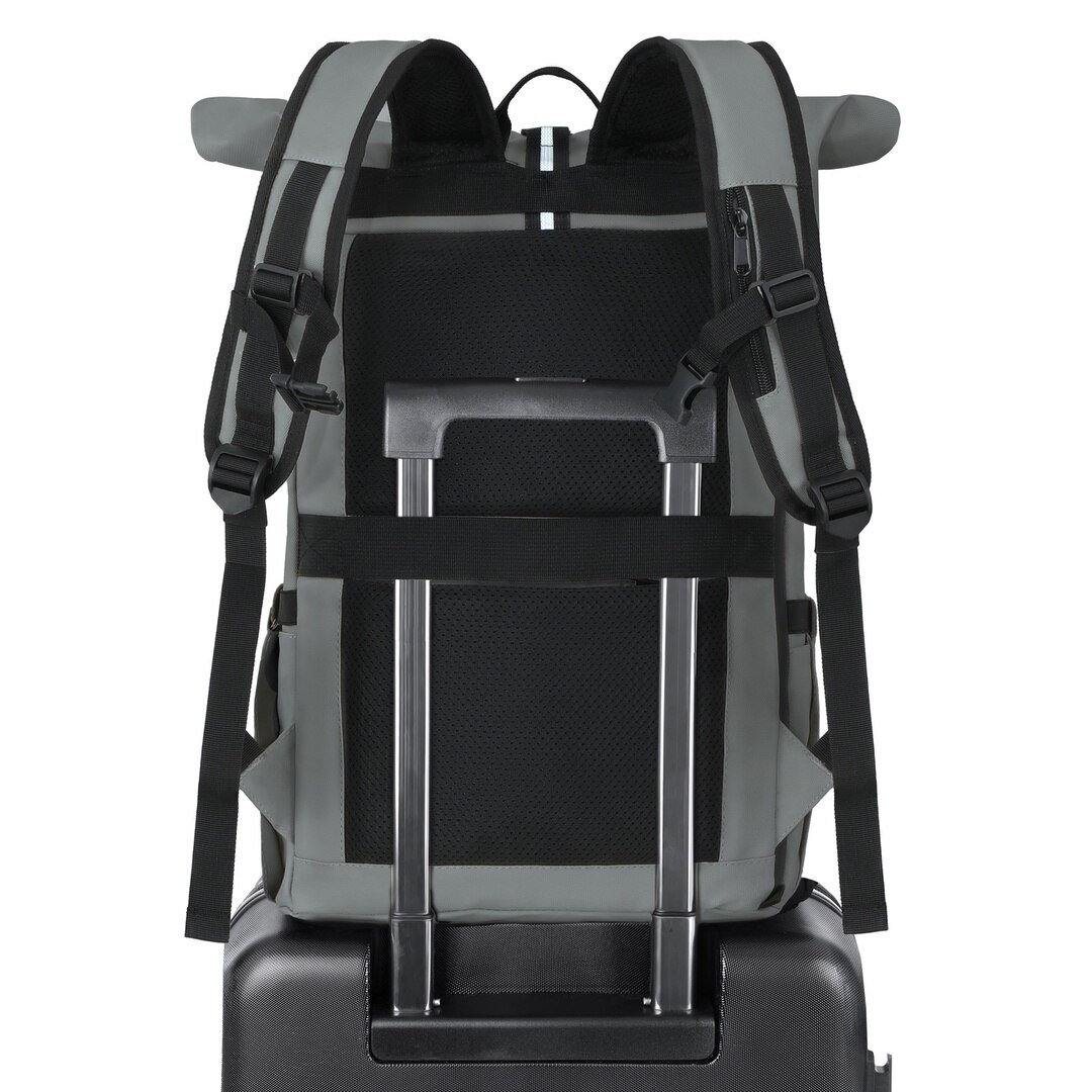 Rucsac rolltop pentru laptop de 16 inci, James Hawk, Gri, Nylon, Capacitate 20-28 litri, Fermori impermeabili, Buzunar antiefractie, Set cu geanta pentru accesorii origins smart pack