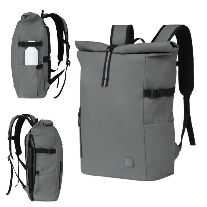 Rucsac rolltop pentru laptop de 16 inci, James Hawk, Gri, Nylon, Capacitate 20-28 litri, Fermori impermeabili, Buzunar antiefractie, Set cu geanta pentru accesorii origins smart pack