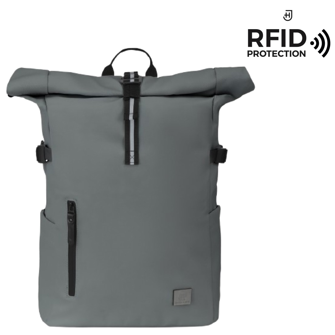 Rucsac rolltop pentru laptop de 16 inci, James Hawk, Gri, Nylon, Capacitate 20-28 litri, Fermori impermeabili, Buzunar antiefractie, Set cu geanta pentru accesorii origins smart pack