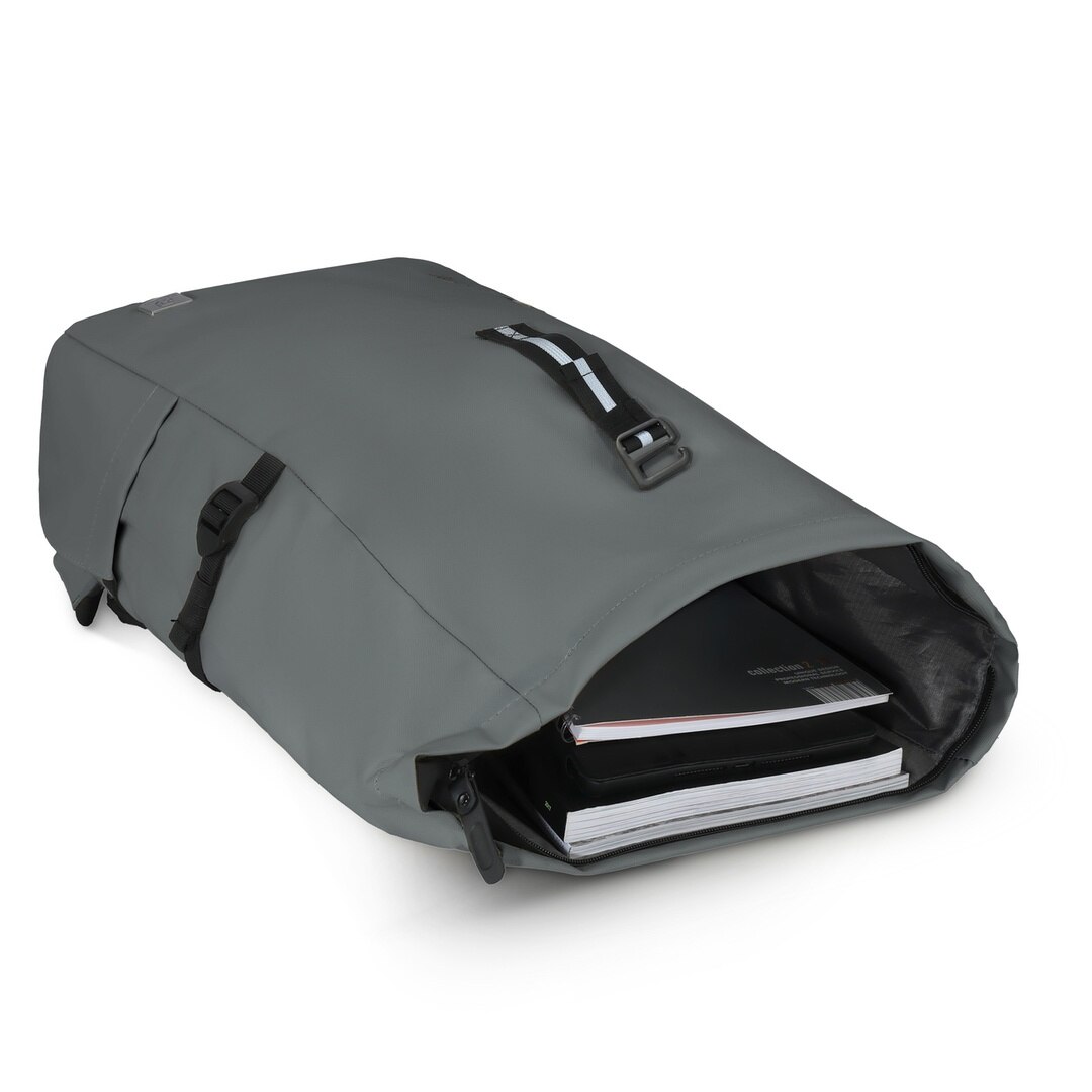 Rucsac rolltop pentru laptop de 16 inci, James Hawk, Gri, Nylon, Capacitate 20-28 litri, Fermori impermeabili, Buzunar antiefractie, Set cu geanta pentru accesorii origins smart pack