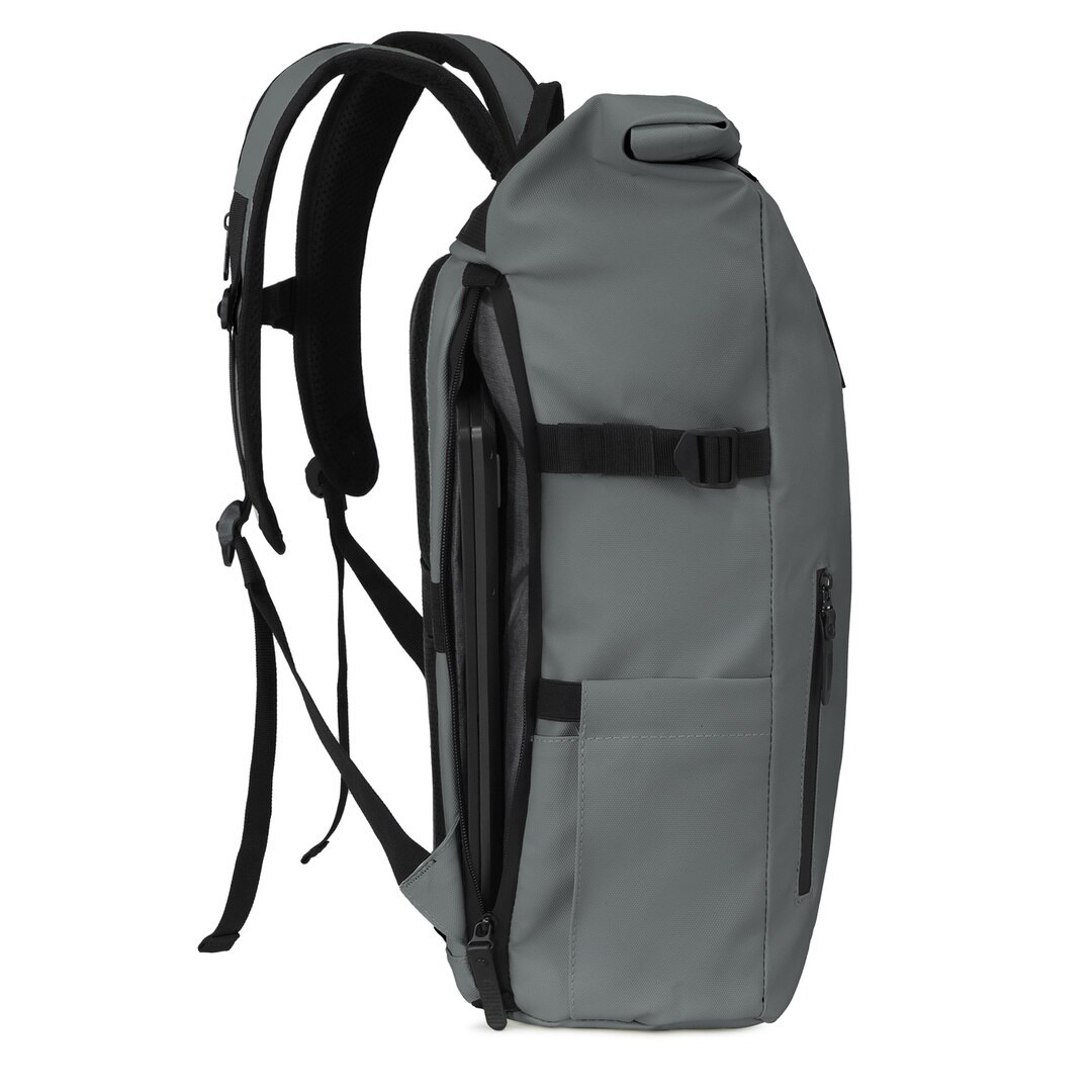 Rucsac rolltop pentru laptop de 16 inci, James Hawk, Gri, Nylon, Capacitate 20-28 litri, Fermori impermeabili, Buzunar antiefractie, Set cu geanta pentru accesorii origins smart pack