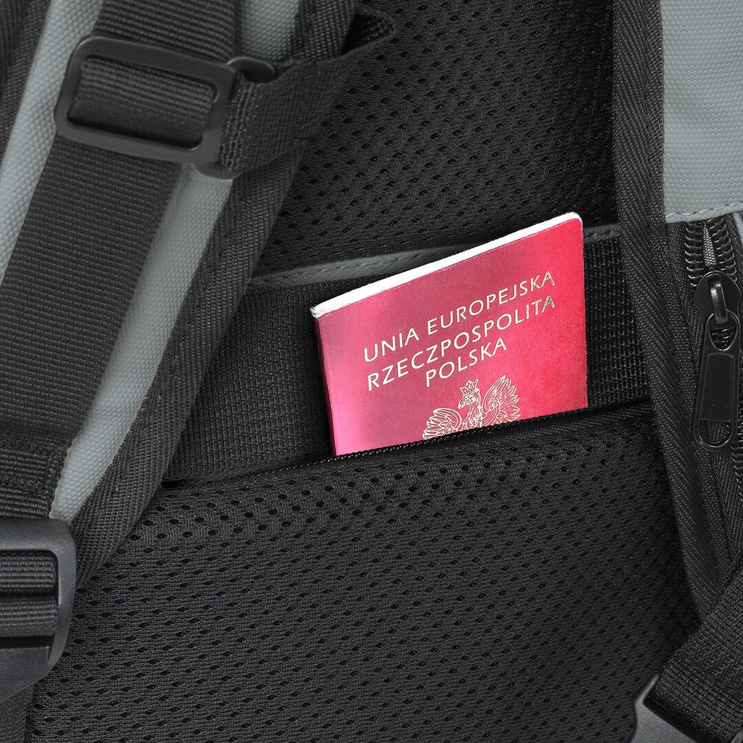 Rucsac rolltop pentru laptop de 16 inci, James Hawk, Gri, Nylon, Capacitate 20-28 litri, Fermori impermeabili, Buzunar antiefractie, Set cu geanta pentru accesorii origins smart pack