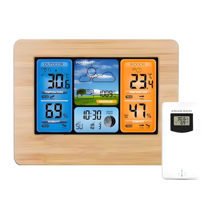 Statie meteo digitala fara fir cu transmitator exterior wi-fi, cu ecran mare LCD color, termometru, higrometru, barometru, fazele lunii, masurare temperatura, presiune atmosferica, umiditate, calendar, alarma, senzor exterior, ceas