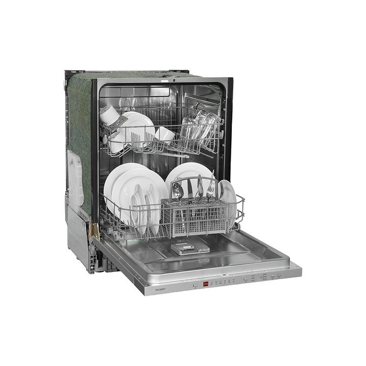 Masina de spalat vase incorporabila Exquisit, 12 seturi, latime 60 cm, pornire intarziata pana la 9 h, 6 programe, functie ECO, panou de control mecanic, deschidere automata a usii, indicator pentru detergent, inox