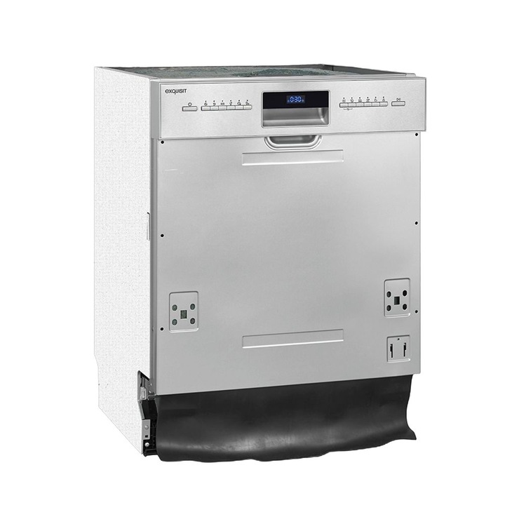 Съдомиялна за вграждане Exquisit, 14 комплекта, 60 см ширина, 6 програми, отложен старт до 24 часа, допълнително изсушаване, ECO режим, механичен контролен панел, Child Lock, индикатор за препарат, неръждаема стомана