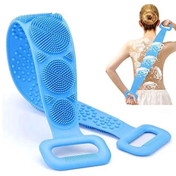 Perie de Baie din Silicon tip Banda, DAVIDAMI CONCEPT®, pentru Curatare, Exfoliere si Masaj Corporal, Albastru