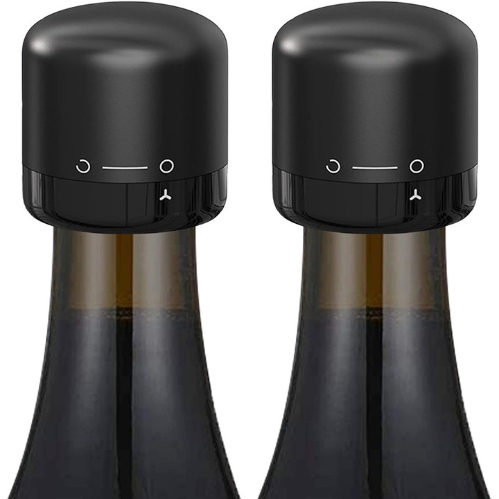 Set 2 dopuri vacuum pentru vin, BOMSTOM, ABS+Silicon, Pentru a pastra vinul foarte proaspat, 3.9x4cm, Negru
