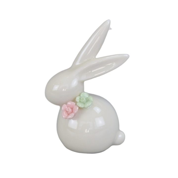 Iepuras de portelan cu floare 8.5 cm
