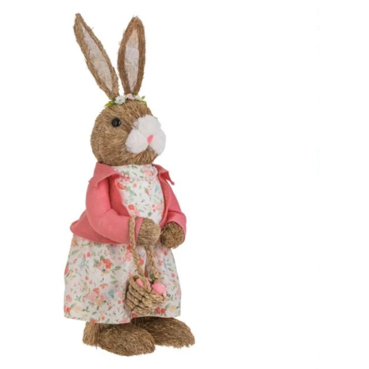 Декоративна великденска фигурка, заек от трева с розово яке и кошница с яйца, 26x30x80см