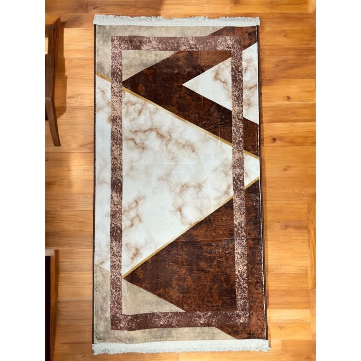 Covor Modern Buretat, Antiderapant, 80 x 150 cm Crem Bej Maro Geometric