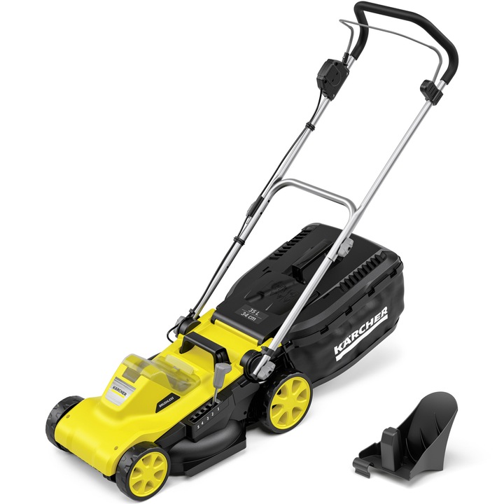 Masina de tuns gazon/iarba pe acumulator Karcher LMO 3-18, 18 V, latime taiere 34 cm, inaltime taiere 25-60 mm, 5 trepte de taiere,kit de mulcire, cos colector 35 l, fara acumulator si incarcator in setul de livrare