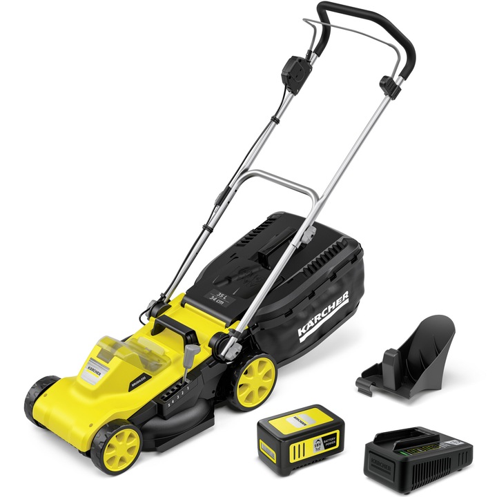 Karcher LMO 3-18 akkumulátoros készlet akkus fűnyíróhoz, 18 V, vágási szélesség 34 cm, vágási magasság 25-60 mm, 5 vágási sebesség, mulcsozó készlet, 35 literes fűgyűjtő, tartalma: Akkumulátor 18 V 5.0 Ah akkumulátor + gyorstöltő