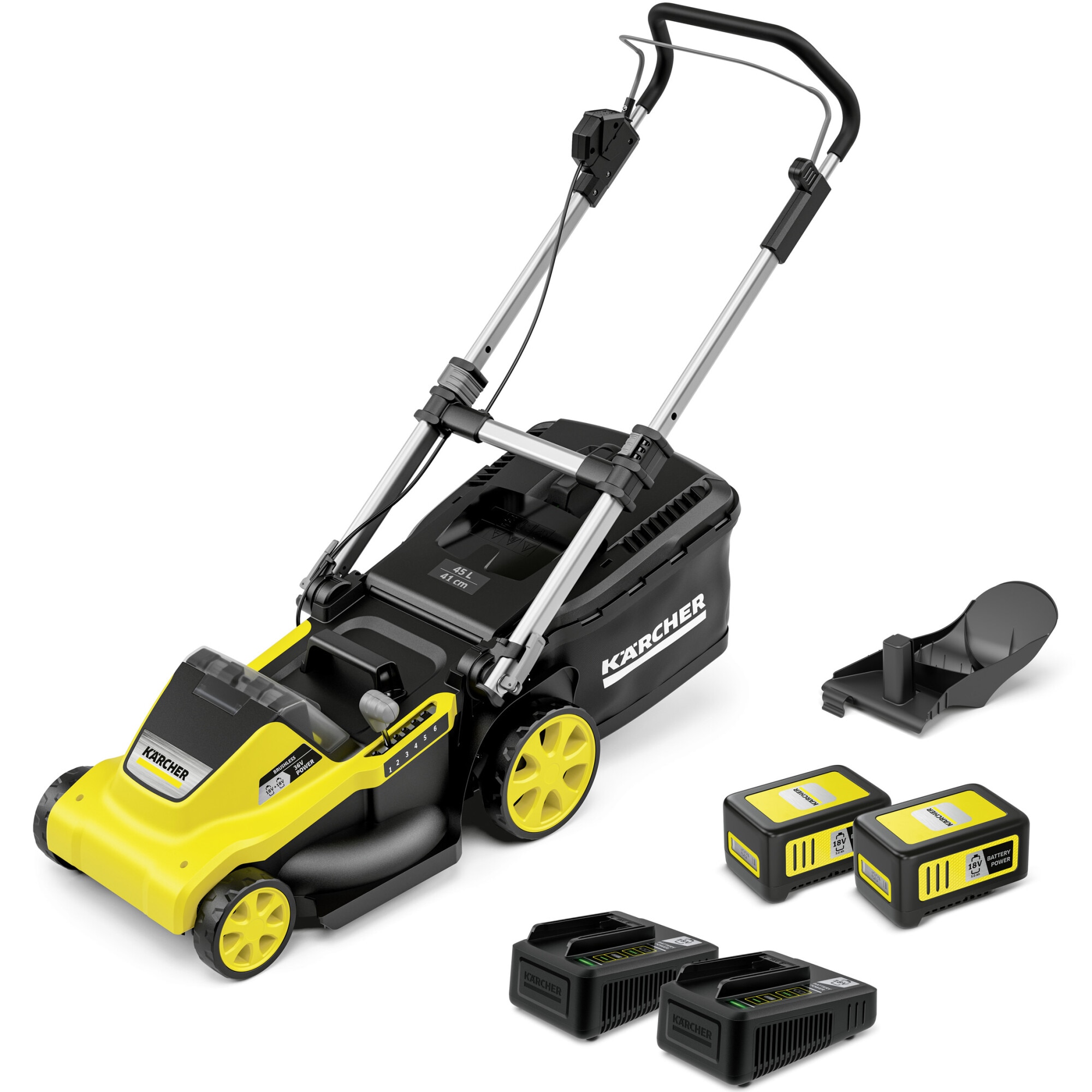 Masina de tuns gazon/iarba pe acumulator Karcher LMO 5-18 Battery Set Karcher, 36 V, latime taiere 41 cm, inaltime taiere 25-70 mm, 6 trepte de taiere, kit de mulcire, cos colector 45 l, include: 2 x acumulator 18 V 5.0 Ah + incarcator rapid