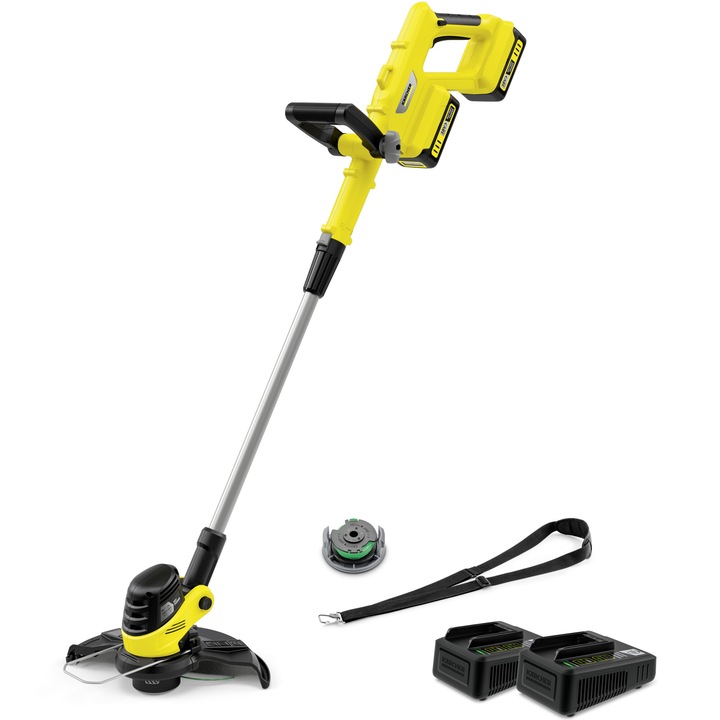 Trimmer de tuns gazon/iarba pe acumulator Karcher LTR 3-18 Dual Battery Set, 36 V, diametru taiere 30 cm, diametru fir 2 mm, protectie plante, 8000 rpm, include: 2 x acumulator 18 V 2.0 Ah + incarcator