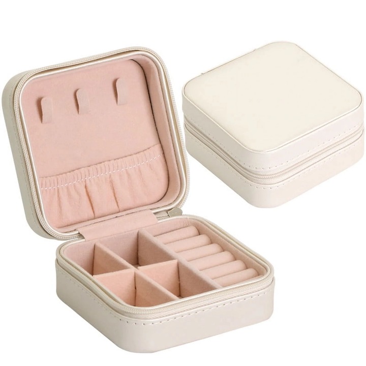 Cutie bijuterii organizator, 10x10x5cm, bej/roz, pentru cercei si inele