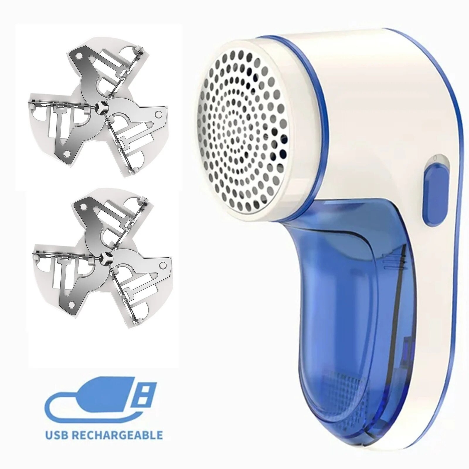 Aspirator de scame fara fir, 2 accesorii de rezerva, albastru/alb