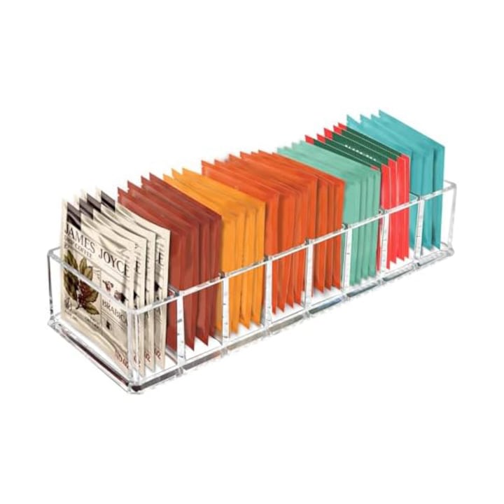 Cutie de depozitare pentru ceai, 8 sloturi, usor de curatat, pentru sertar, masa, dulap, polita si blat, OUYLAF, transparent