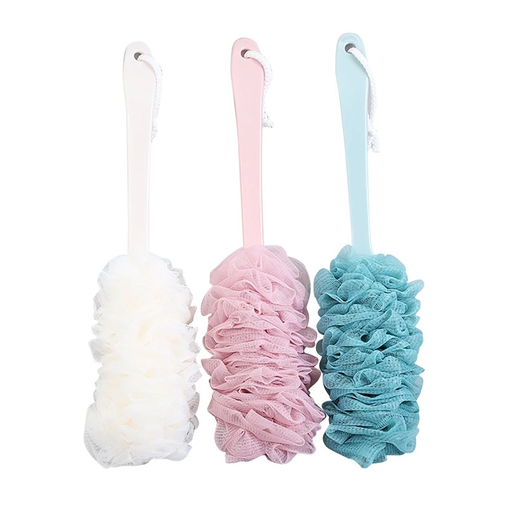 Perie de baie cu maner lung, multicolor, burete exfoliant, 17.56 inch