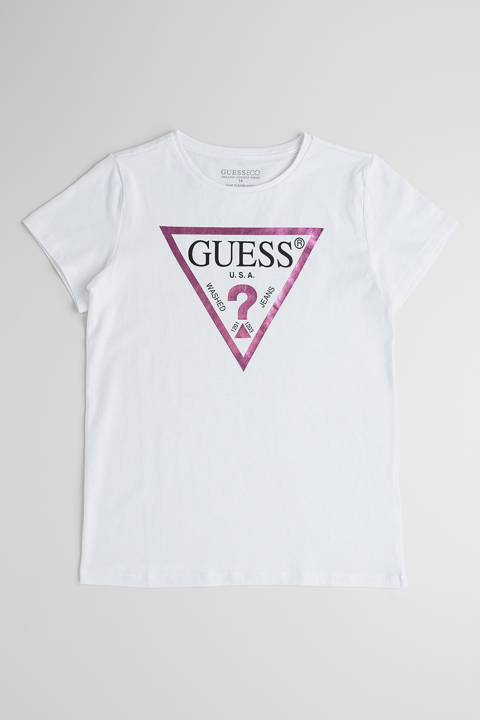 GUESS KIDS, Tricou de bumbac cu imprimeu logo metalizat, Alb, Roz, 158-166 CM