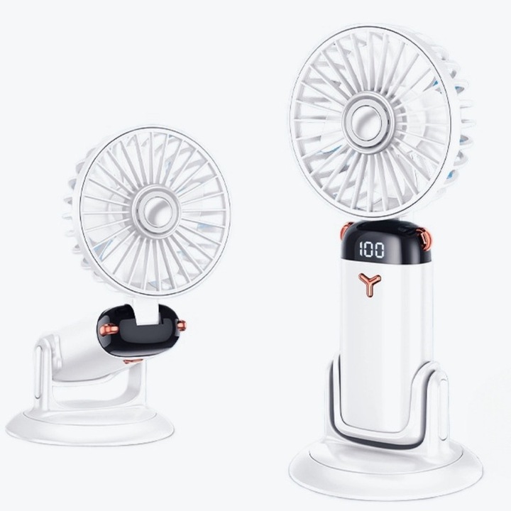 Преносим вентилатор със сгъваем настолен вентилатор четири в едно, USB бързо зареждане, 5-скоростна настройка, вградена стандартна батерия, LED екран, екологичен ABS материал, 25dB намаляване на шума, 4000mAh [универсална въртяща се основа], бял