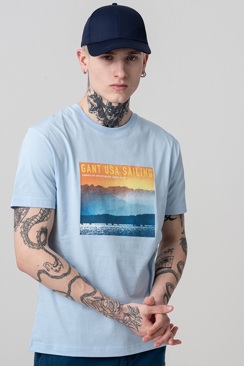 Gant, Памучна тениска с принт, Пастелносин, M