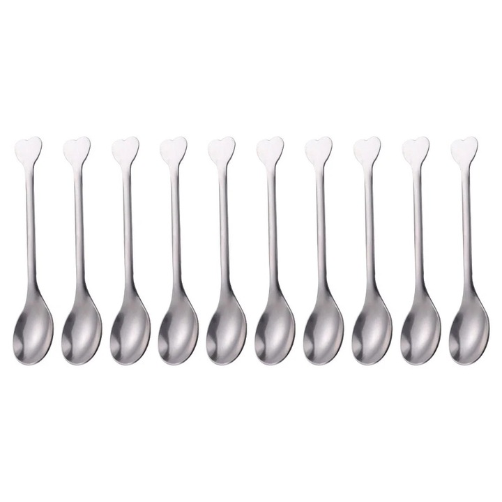 Set 12 linguri de desert din inox, argintii, design in forma de inima, 11.50x2.00x0.50cm