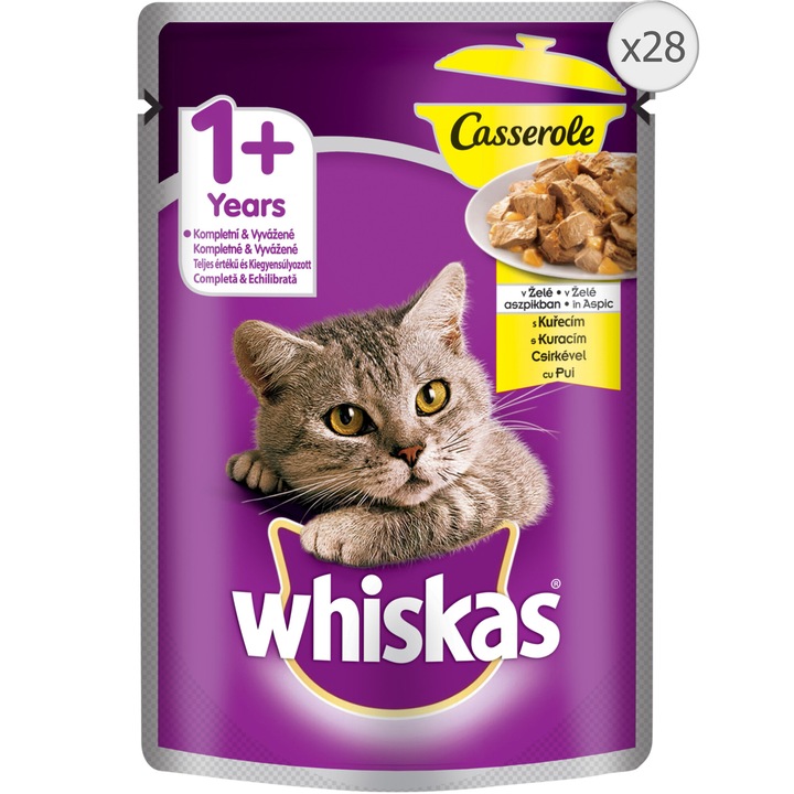 Hrana umeda pentru pisici Whiskas Casserole 1+, Selectii clasice in aspic, Pui, 28 x 85g