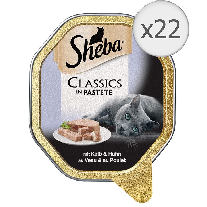 Sheba alutálcás nedves macskaeledel borjúval és csirkével, 22x85g