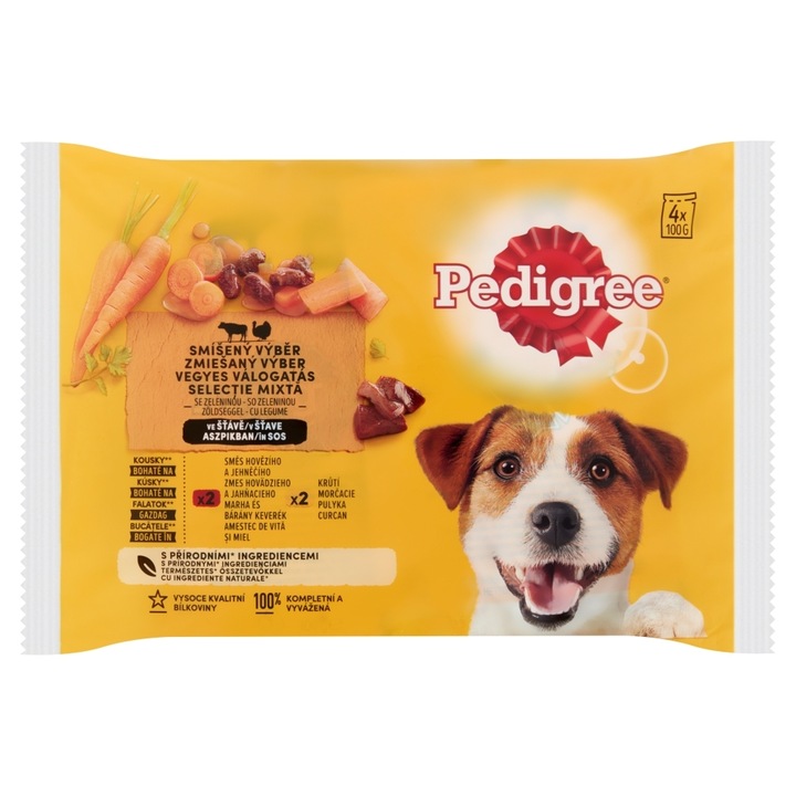 Pedigree 4-pack alutasakos kutyaeledel marhával, báránnyal, pulykával és répával, 4x100g
