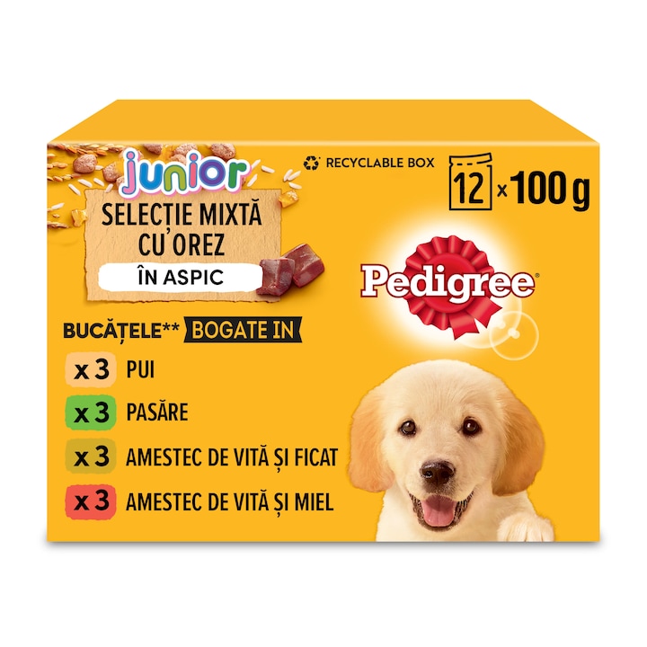 Hrana umeda pentru caini Pedigree Junior, Selectii de carne cu orez in aspic, 12x100g