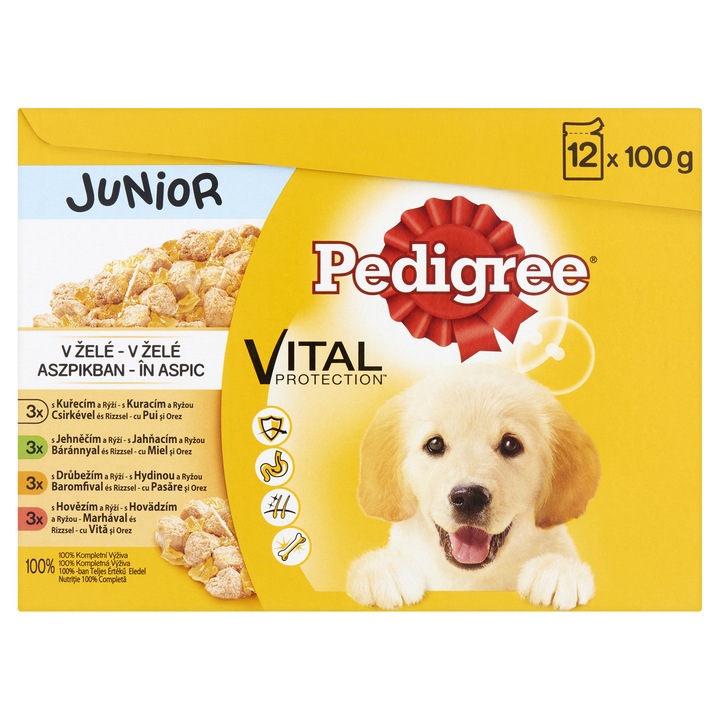 Мокра храна за кучета Pedigree Junior, Селекция меса с ориз в заливка, 12 бр x 100 гр